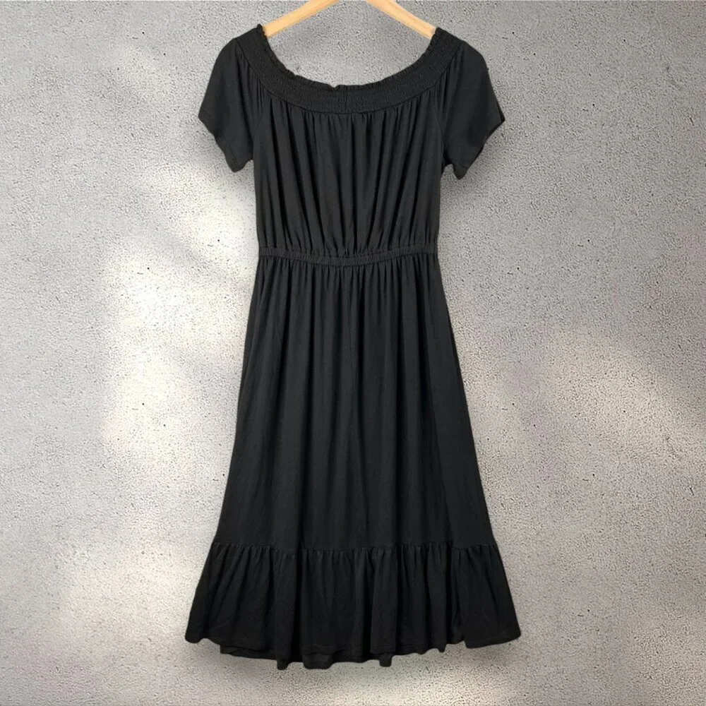 Old Navy Off Shoulder Midi Dress Women’s Small Black Ruffle Hem Bohemian Resort